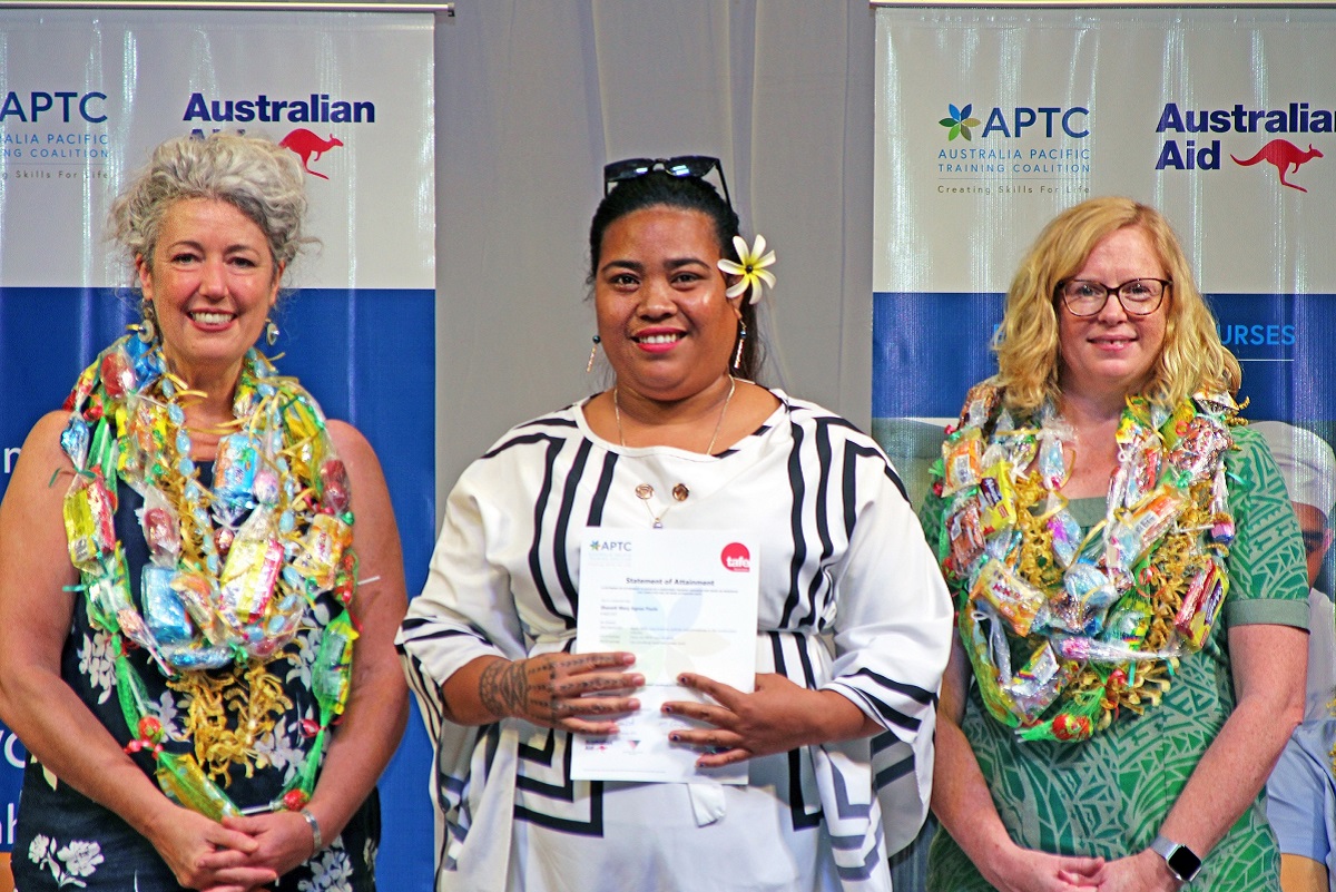 Australian High Commissioner to Samoa, HE Emily Luck, and APTC Interim Executive Director, Nicki Baird, with Plumbing short course awardee, Shanett Mary Aynes Paulo..