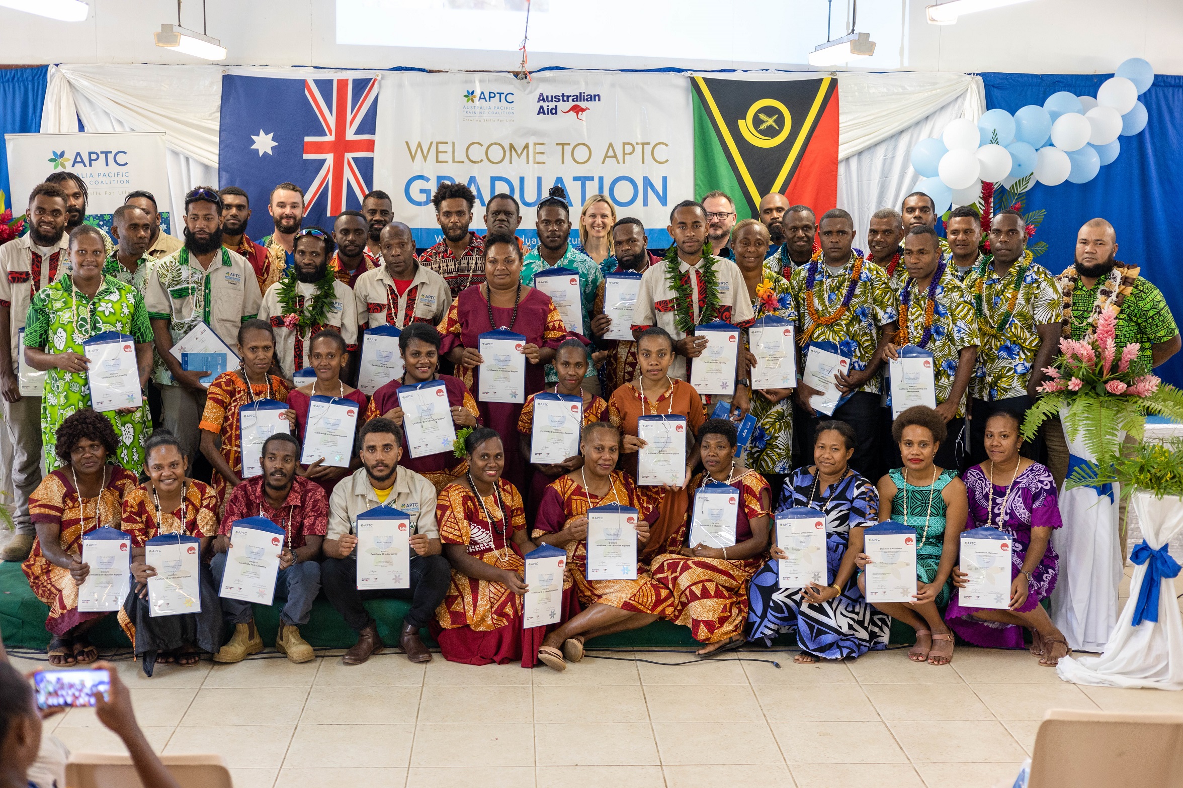 Proud APTC graduates after receiving their certificates at the graduation ceremony in Port Vila, Vanuatu