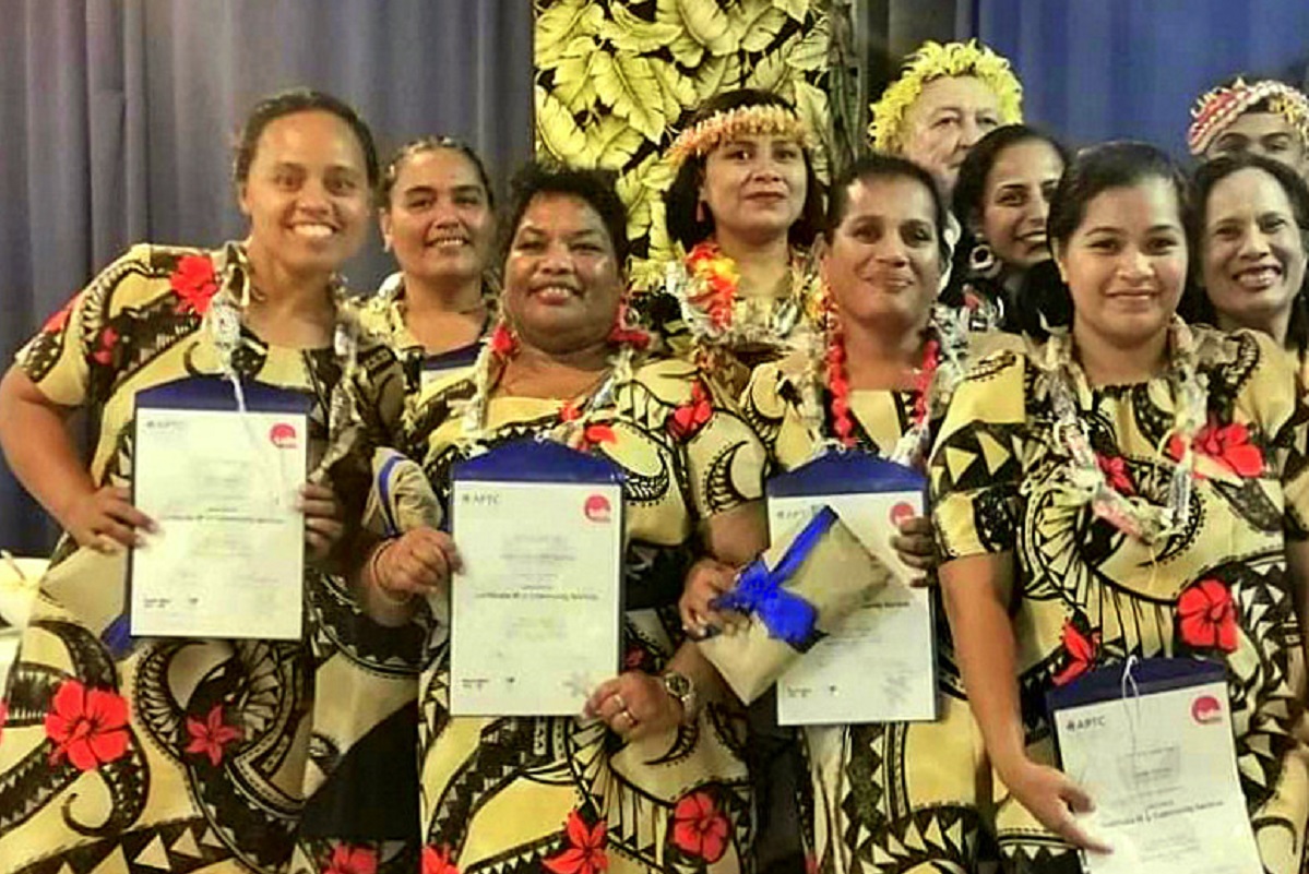 Some of the employees of Eigigu Solutions Corporation (ESC) in Nauru at the recent APTC graduation ceremony after completing a Certificate III or IV in Community Services.